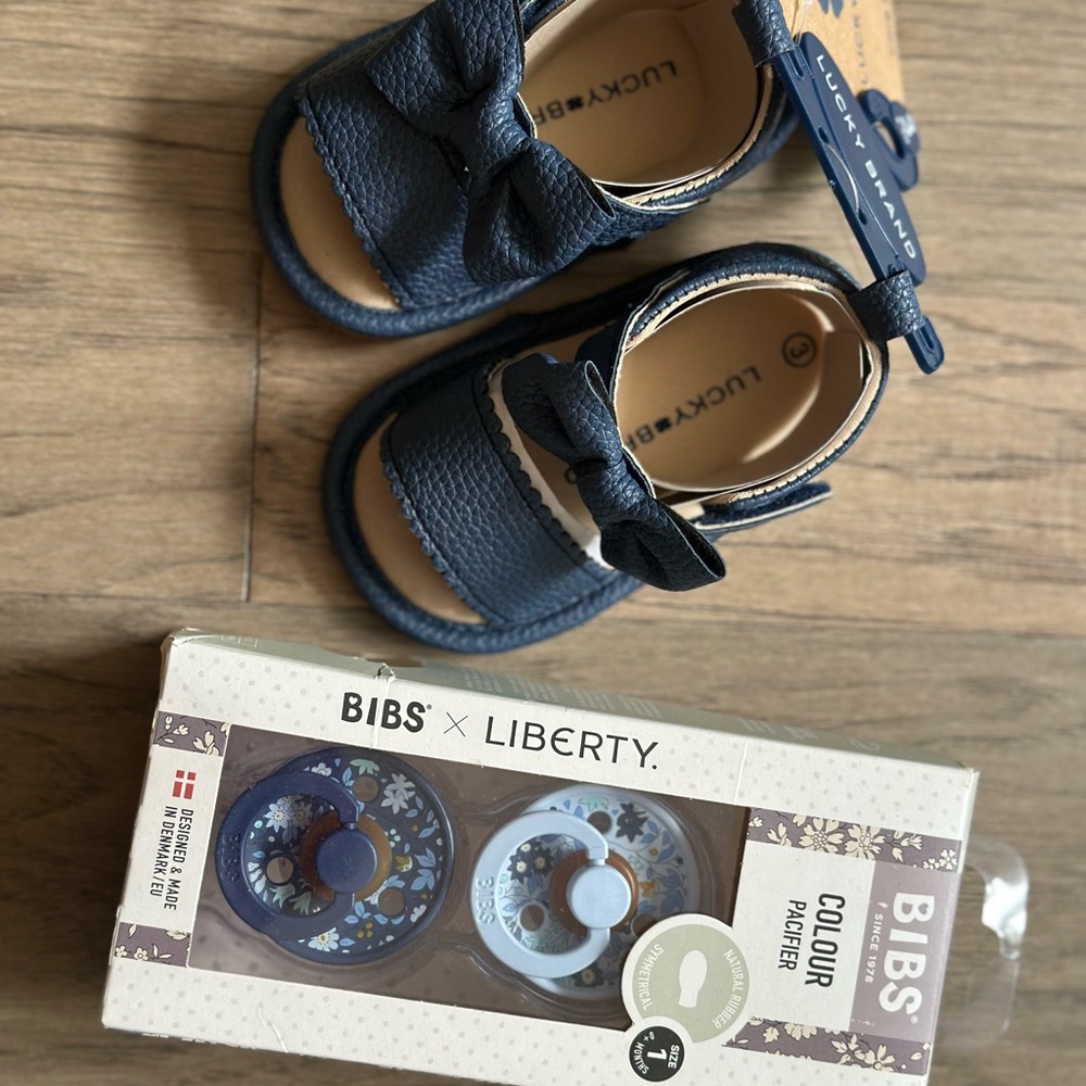 Engraved Lucky Brand Blue Baby Sandals matching pacifier set